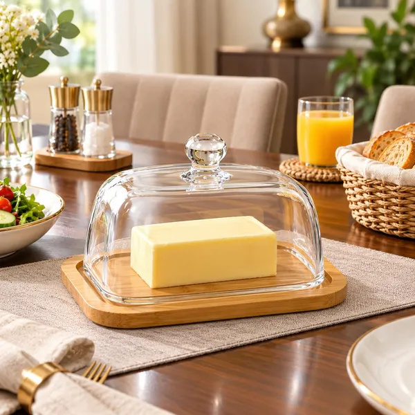 OMKARIXA_Bamboo_Glass_Dome_Butter_Dish_with_Wooden_Tray_&_Cover,_Rectangular_Butter_Keeper_7_x_5_Inch_for_Kitchen,_Dining_Table_&_Serving