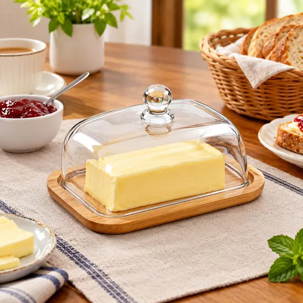 OMKARIXA_Bamboo_Glass_Dome_Butter_Dish_with_Wooden_Tray_&_Cover,_Rectangular_Butter_Keeper_7_x_5_Inch_for_Kitchen,_Dining_Table_&_Serving