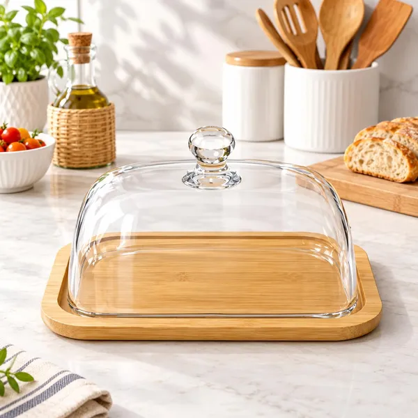 OMKARIXA_Bamboo_Glass_Dome_Butter_Dish_with_Wooden_Tray_&_Cover,_Rectangular_Butter_Keeper_7_x_5_Inch_for_Kitchen,_Dining_Table_&_Serving