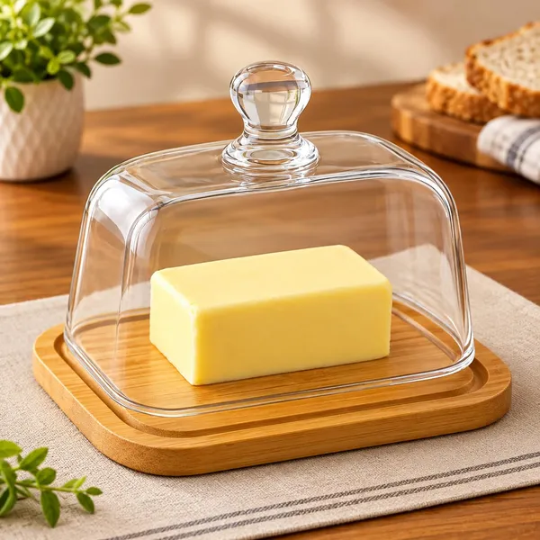 OMKARIXA_Bamboo_Glass_Dome_Butter_Dish_with_Wooden_Tray_&_Cover,_Rectangular_Butter_Keeper_7_x_5_Inch_for_Kitchen,_Dining_Table_&_Serving