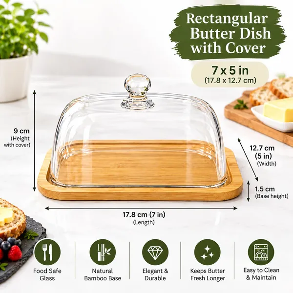 OMKARIXA_Bamboo_Glass_Dome_Butter_Dish_with_Wooden_Tray_&_Cover,_Rectangular_Butter_Keeper_7_x_5_Inch_for_Kitchen,_Dining_Table_&_Serving