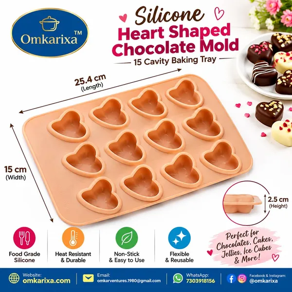 OMKARIXA_Silicone_Heart_Shaped_Chocolate_Mold,_15_Cavity_Baking_Mold_for_Chocolate,_Candy,_Cake,_Jelly_&_Ice_Cubes,_Flexible_Silicone_Tray