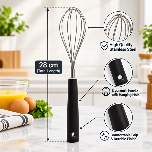 OMKARIXA_Premium_Stainless_Steel_Egg_Whisk_with_Black_Handle,_Balloon_Whisk_Hand_Blender_Mixer_for_Eggs,_Batter,_Cream,_Sauces_&_Cooking_(28_cm)