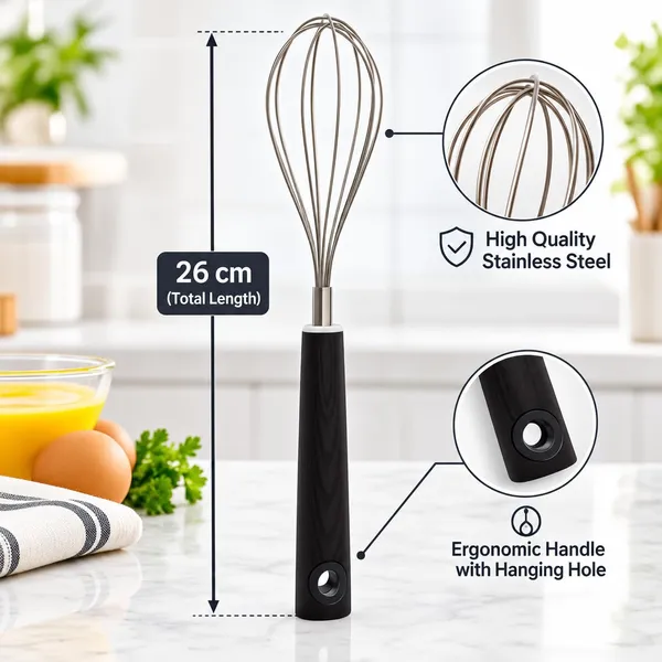 OMKARIXA_Premium_Stainless_Steel_Egg_Whisk_with_Black_Handle,_Balloon_Whisk_Hand_Blender_Mixer_for_Eggs,_Batter,_Cream,_Sauces_&_Cooking_(26_cm)