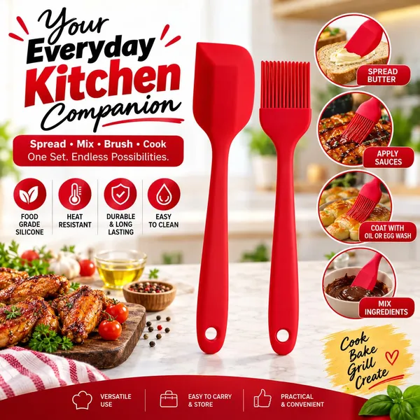 OMKARIXA_Silicone_Basting_Brush_and_Spatula_Set,_Food_Grade_BPA_Free_Heat_Resistant_Kitchen_Brush_for_Butter,_Oil,_BBQ,_Baking_&_Pastry_with_Flexible_Silicone_Scraper,_Easy_to_Clean,_2_Pieces_Combo_(Red)