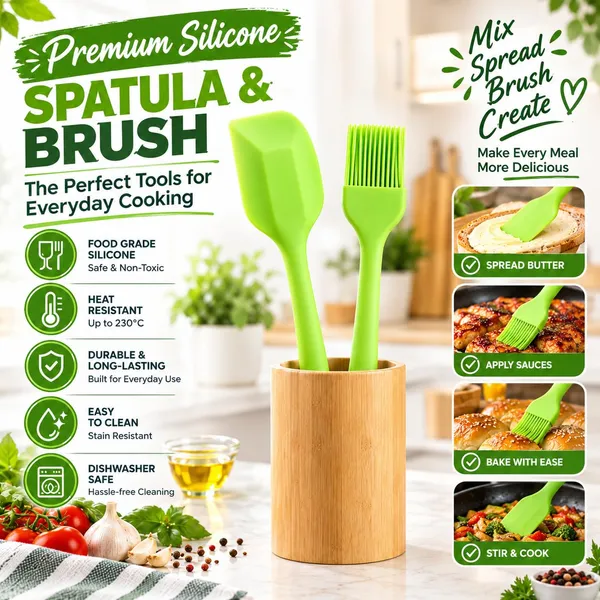 OMKARIXA_Silicone_Basting_Brush_and_Spatula_Set,_Food_Grade_BPA_Free_Heat_Resistant_Kitchen_Brush_for_Butter,_Oil,_BBQ,_Baking_&_Pastry_with_Flexible_Silicone_Scraper,_Easy_to_Clean,_2_Pieces_Combo_(Green)