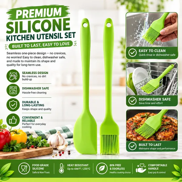 OMKARIXA_Silicone_Basting_Brush_and_Spatula_Set,_Food_Grade_BPA_Free_Heat_Resistant_Kitchen_Brush_for_Butter,_Oil,_BBQ,_Baking_&_Pastry_with_Flexible_Silicone_Scraper,_Easy_to_Clean,_2_Pieces_Combo_(Green)