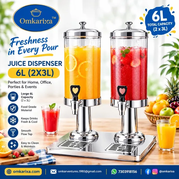 OMKARIXA_SS_Juice_Dispenser_3L+3L_Double_Tank,_Commercial_Beverage_Dispenser_with_Heavy_Bottom_Horn_Base_&_SS_Top_Jaali,_Stainless_Steel_Drink_Dispenser_for_Hotel,_Restaurant,_Buffet_&_Catering