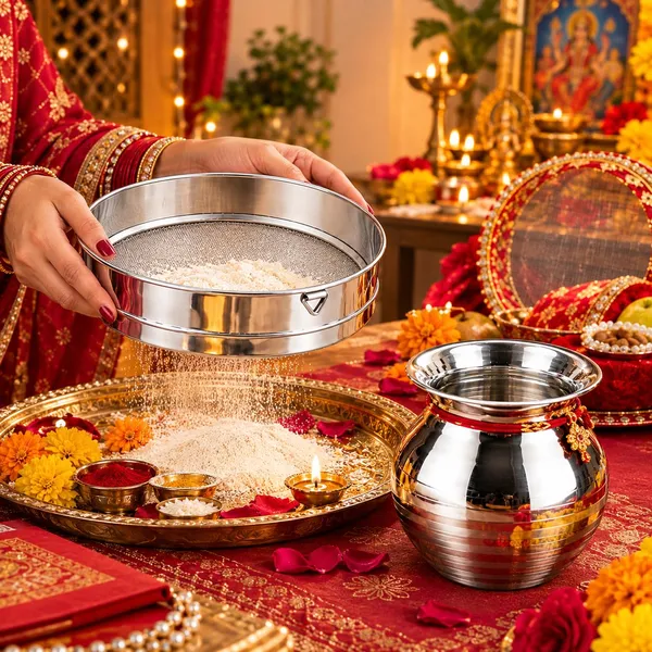 OMKARIXA_Stainless_Steel_Atta_Chalni_&_Kalash_Set_of_1,_Size_No._8,_250-300_ML_Approx,_Silver,_Pooja_&_Karwa_Chauth_Ritual_Use