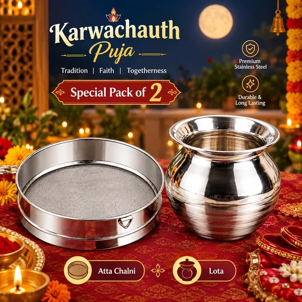 OMKARIXA_Stainless_Steel_Atta_Chalni_&_Kalash_Set_of_1,_Size_No._8,_250-300_ML_Approx,_Silver,_Pooja_&_Karwa_Chauth_Ritual_Use