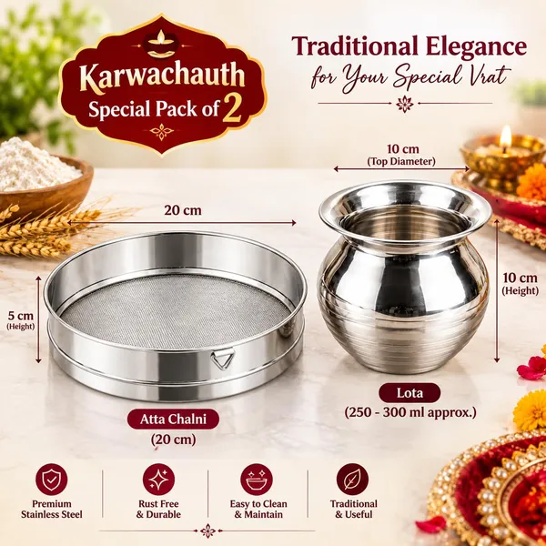 OMKARIXA_Stainless_Steel_Atta_Chalni_&_Kalash_Set_of_1,_Size_No._8,_250-300_ML_Approx,_Silver,_Pooja_&_Karwa_Chauth_Ritual_Use