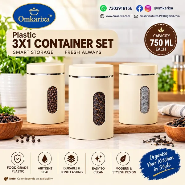OMKARIXA_Plastic_Storage_Jars_Set_of_3,_750_ml_Each,_Transparent_Window_Kitchen_Containers_for_Snacks,_Dry_Fruits,_Tea,_Coffee_&_Pantry_Storage