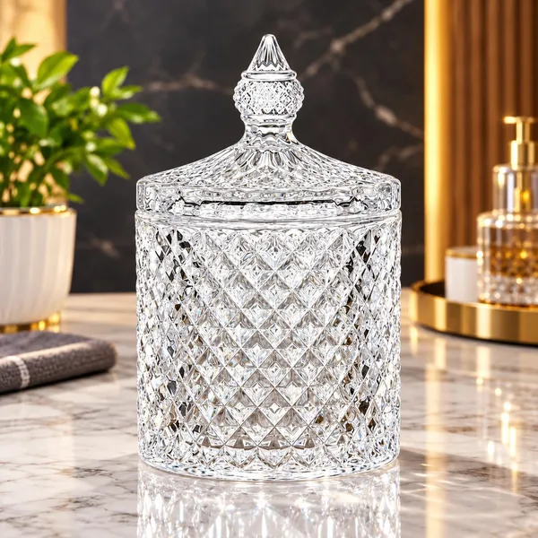 OMKARIXA_Glass_Candy_Jar_with_Lid,_Crystal_Pop_Decorative_Storage_Container_for_Candy,_Cookies,_Chocolates,_Dry_Fruits_&_Jewellery,_Clear_Glass_Table_Décor