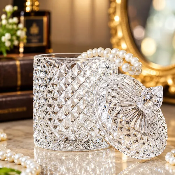OMKARIXA_Glass_Candy_Jar_with_Lid,_Crystal_Pop_Decorative_Storage_Container_for_Candy,_Cookies,_Chocolates,_Dry_Fruits_&_Jewellery,_Clear_Glass_Table_Décor