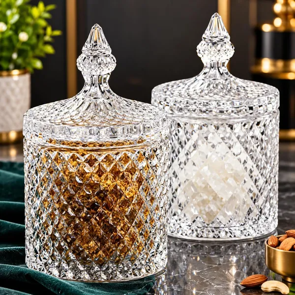 OMKARIXA_Glass_Candy_Jar_with_Lid,_Crystal_Pop_Decorative_Storage_Container_for_Candy,_Cookies,_Chocolates,_Dry_Fruits_&_Jewellery,_Clear_Glass_Table_Décor