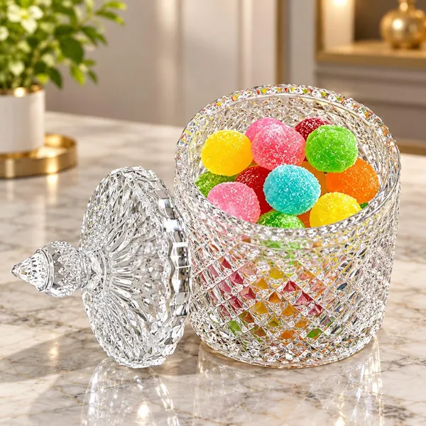 OMKARIXA_Glass_Candy_Jar_with_Lid,_Crystal_Pop_Decorative_Storage_Container_for_Candy,_Cookies,_Chocolates,_Dry_Fruits_&_Jewellery,_Clear_Glass_Table_Décor