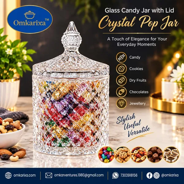 OMKARIXA_Glass_Candy_Jar_with_Lid,_Crystal_Pop_Decorative_Storage_Container_for_Candy,_Cookies,_Chocolates,_Dry_Fruits_&_Jewellery,_Clear_Glass_Table_Décor