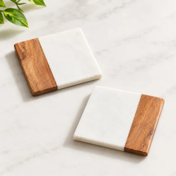 OMKARIXA_Square_Marble_and_Wood_Coaster_Set_of_2,_Decorative_Drink_Coasters_for_Tea,_Coffee,_Cups,_Mugs_&_Tabletop_Protection