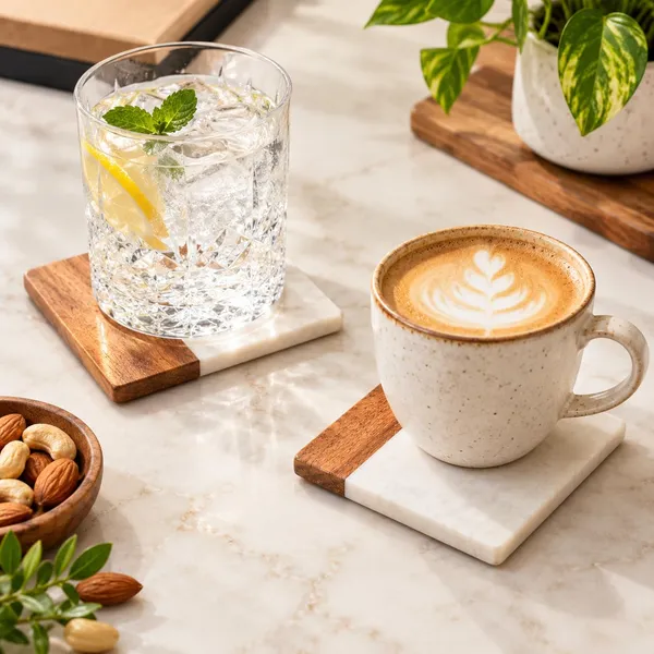 OMKARIXA_Square_Marble_and_Wood_Coaster_Set_of_2,_Decorative_Drink_Coasters_for_Tea,_Coffee,_Cups,_Mugs_&_Tabletop_Protection