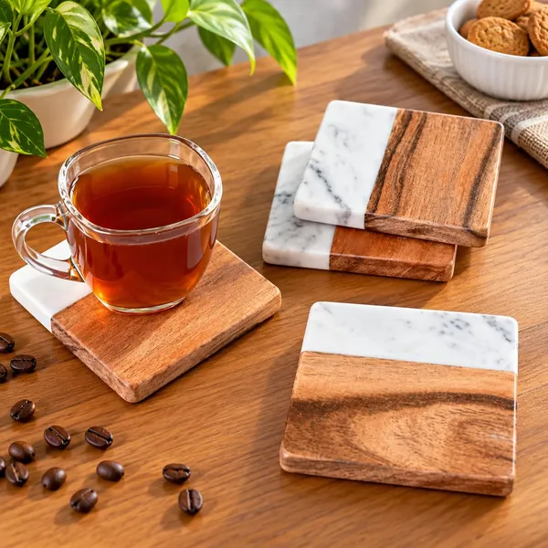 OMKARIXA_Square_Marble_and_Wood_Coaster_Set_of_2,_Decorative_Drink_Coasters_for_Tea,_Coffee,_Cups,_Mugs_&_Tabletop_Protection