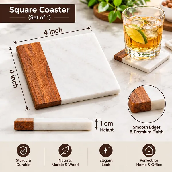 OMKARIXA_Square_Marble_and_Wood_Coaster_Set_of_2,_Decorative_Drink_Coasters_for_Tea,_Coffee,_Cups,_Mugs_&_Tabletop_Protection