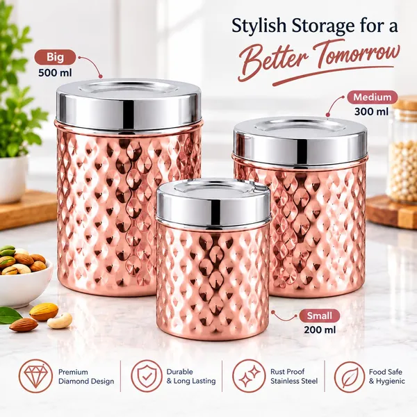 OMKARIXA_Diamond_Pattern_Stainless_Steel_Airtight_Kitchen_Storage_Container_with_Steel_Lid,_Rose_Gold_Finish,_for_Tea,_Coffee,_Sugar,_Spices_&_Dry_Fruits,_200_ml,_300_ml_&_500_ml