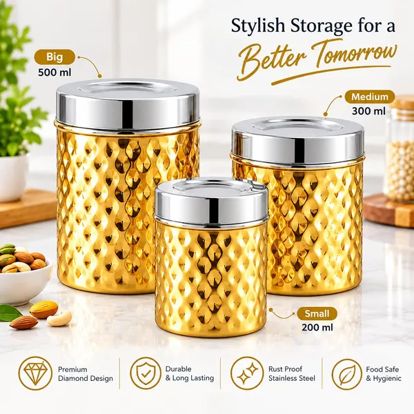 OMKARIXA_Diamond_Pattern_Stainless_Steel_Airtight_Kitchen_Storage_Container_with_Steel_Lid,_Gold_Finish,_for_Tea,_Coffee,_Sugar,_Spices_&_Dry_Fruits,_200_ml,_300_ml_&_500_ml