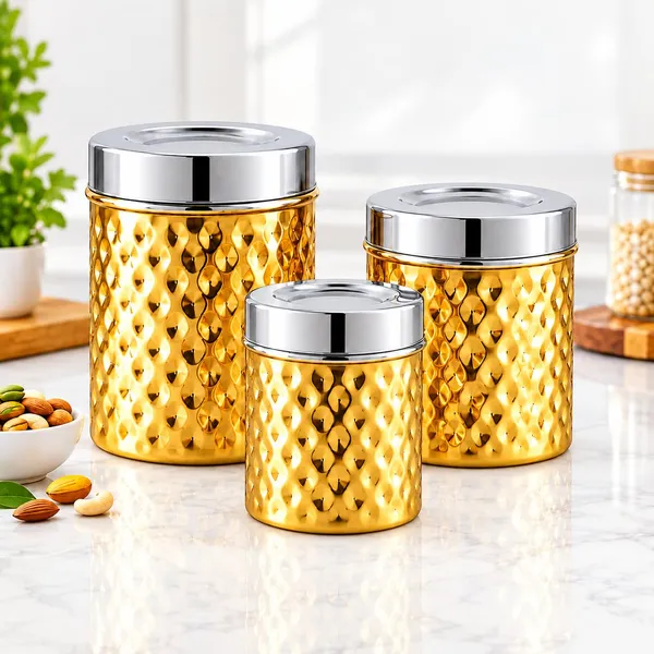 OMKARIXA_Diamond_Pattern_Stainless_Steel_Airtight_Kitchen_Storage_Container_with_Steel_Lid,_Gold_Finish,_for_Tea,_Coffee,_Sugar,_Spices_&_Dry_Fruits,_200_ml,_300_ml_&_500_ml