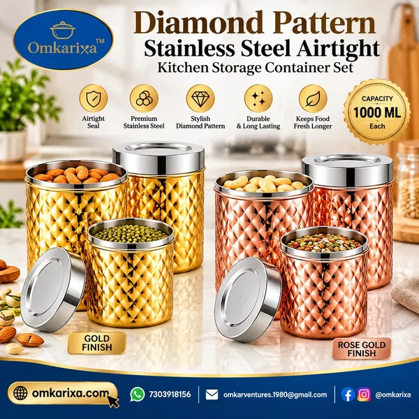 OMKARIXA_Diamond_Pattern_Stainless_Steel_Airtight_Kitchen_Storage_Container_with_Steel_Lid,_Gold_Finish,_for_Tea,_Coffee,_Sugar,_Spices_&_Dry_Fruits,_200_ml,_300_ml_&_500_ml