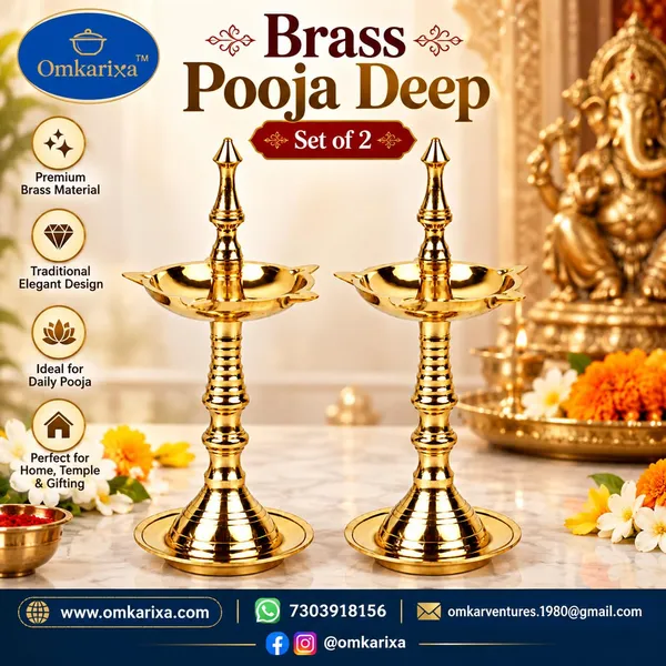 OMKARIXA_Brass_Pooja_Deep_Set_of_2,_Traditional_Brass_Diya_for_Pooja,_Aarti,_Home_Temple_&_Diwali_Decoration