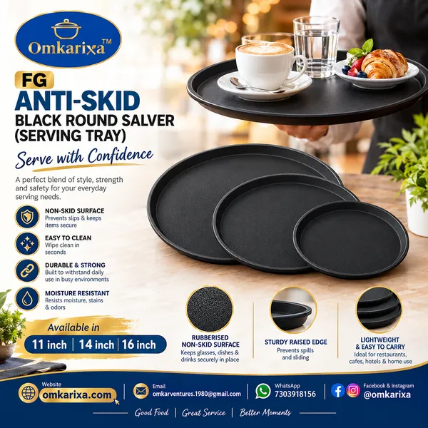 OMKARIXA_Non-Slip_Round_Serving_Tray_16_Inch_|_Anti-Skid_Food_Service_Tray_for_Hotels,_Restaurants,_Cafes_&_Bars_|_Black