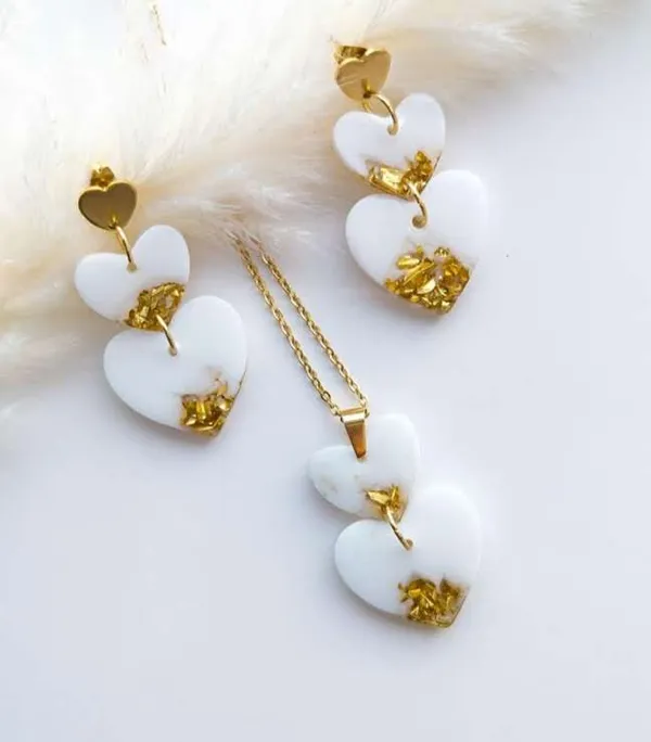 White_Heart_Pendant_Necklace_And_Earrings_Set_With_Gold_Accents