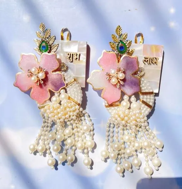 Decorative_Peacock_Feather_Hangign_Shubh-Labh_With_Floral_Accents_And_Pearl_Drops