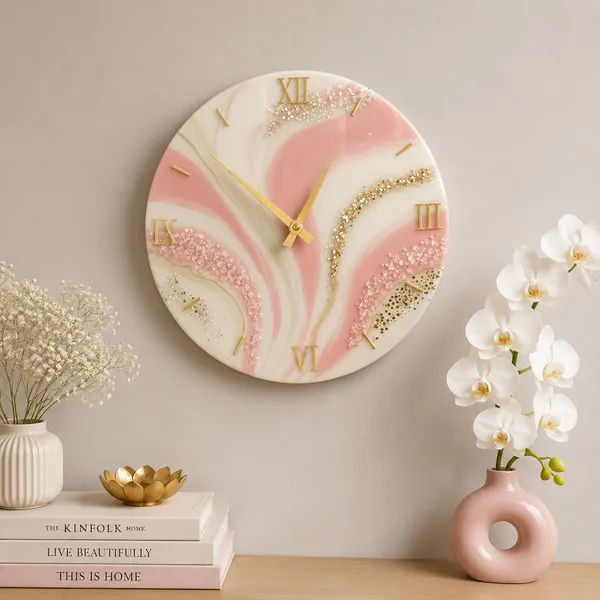 Elegant_Resin_Table_Wall_Clock_With_Floral_Accent_-_Pink_And_Gold_Marble_Design