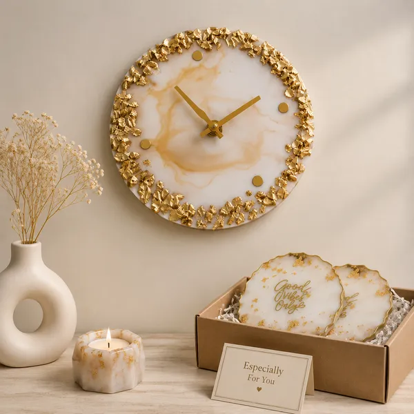 Decorative_Resin_Agate_Clock,_Coaster,_Tea_Light_Holder_Set_With_Gold_Detailing