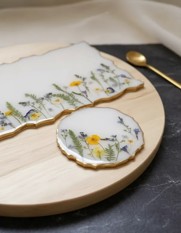 Pressed_Flower_Handmade_White_Floral_Coaster_With_Tray_Real_Dried_Flowers