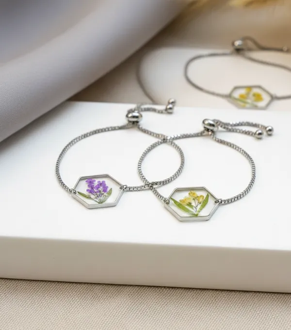Adjustable_Floral_Resin_Bracelet_-_Purple_And_Yellow_Pressed_Flowers_In_Hexagon_Charms