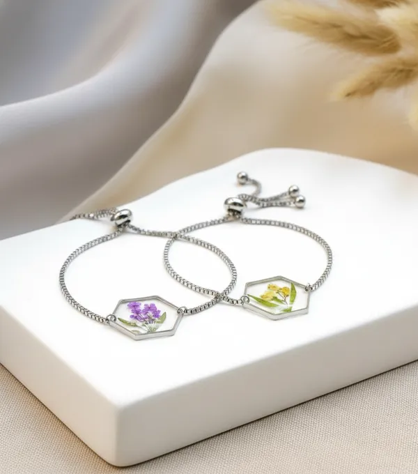 Adjustable_Floral_Resin_Bracelet_-_Purple_And_Yellow_Pressed_Flowers_In_Hexagon_Charms