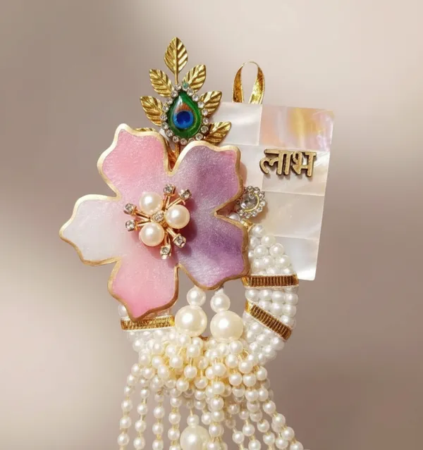 Decorative_Peacock_Feather_Hangign_Shubh-Labh_With_Floral_Accents_And_Pearl_Drops