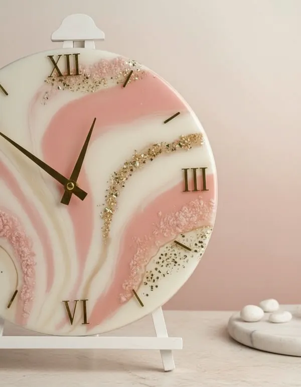 Elegant_Resin_Table_Wall_Clock_With_Floral_Accent_-_Pink_And_Gold_Marble_Design