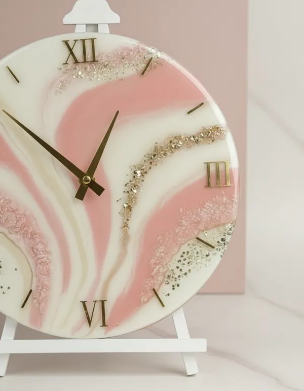 Elegant_Resin_Table_Wall_Clock_With_Floral_Accent_-_Pink_And_Gold_Marble_Design