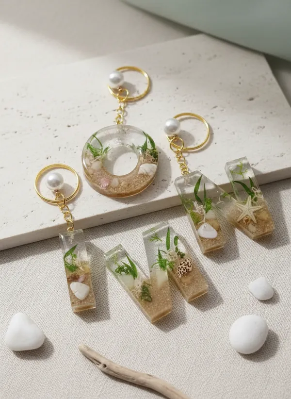 Resin_Beach-Themed_Keychain_Set_With_Pressed_Flowers_And_Shells