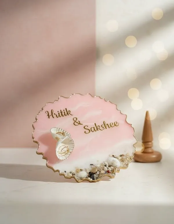 Personalized_Wedding_Ring_Platter_With_Names_-_Pink_&_White_Resin_Tray_With_Seashell_Decor