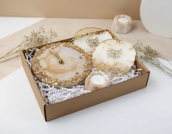 Decorative_Resin_Agate_Clock,_Coaster,_Tea_Light_Holder_Set_With_Gold_Detailing