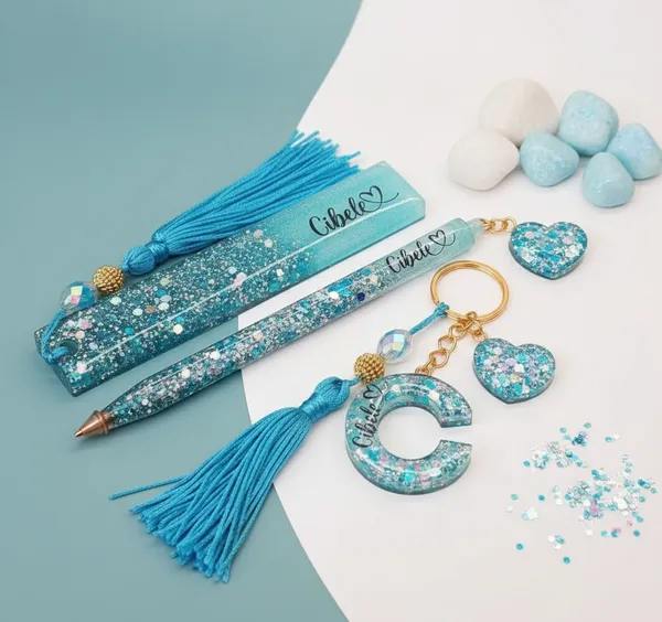 Personalized_Turquoise_Glitter_Resin_Stationery_Set_With_Bookmark,_Pen_And_Keychain