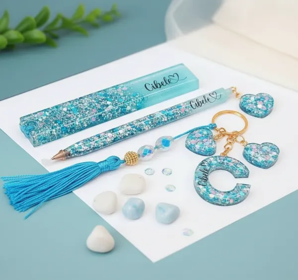 Personalized_Turquoise_Glitter_Resin_Stationery_Set_With_Bookmark,_Pen_And_Keychain