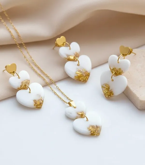 White_Heart_Pendant_Necklace_And_Earrings_Set_With_Gold_Accents
