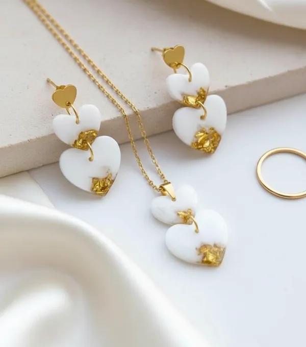 White_Heart_Pendant_Necklace_And_Earrings_Set_With_Gold_Accents