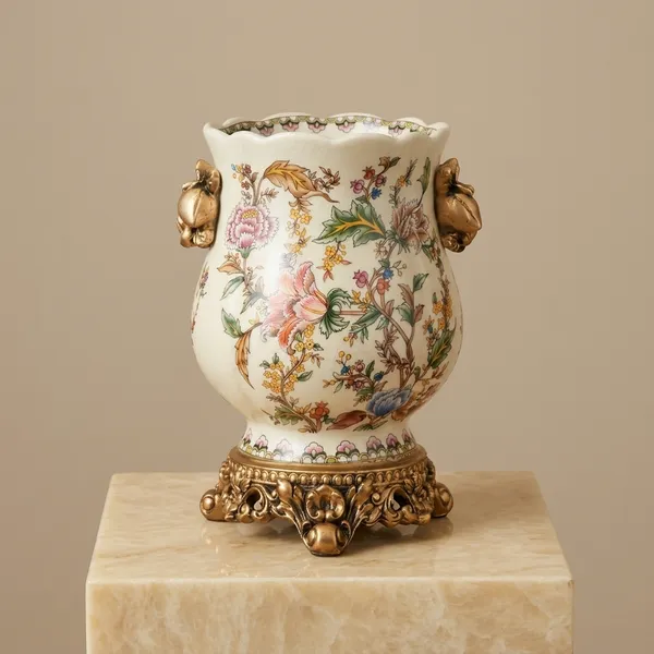 Multicolor_Ceramic_Classic_Floral_Urn_Vase_With_Gold_Handles