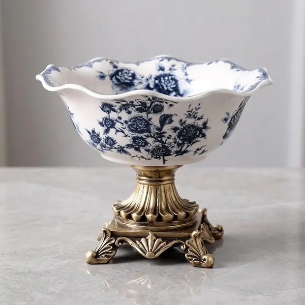 White_Porcelain_Classic_Floral_Bowl_With_Gold_Metal_Stand